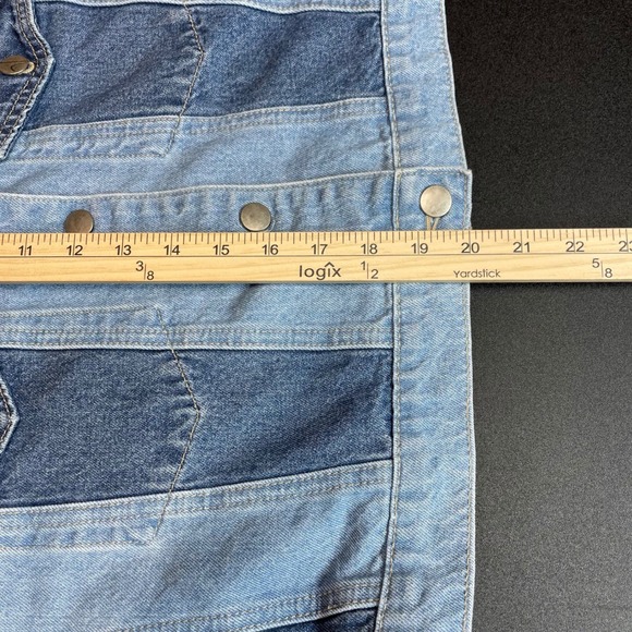 VIGOSS Women's Patchwork Denim Jacket Size L Blue White Long Sleeve Cropped - Picture 8 of 11